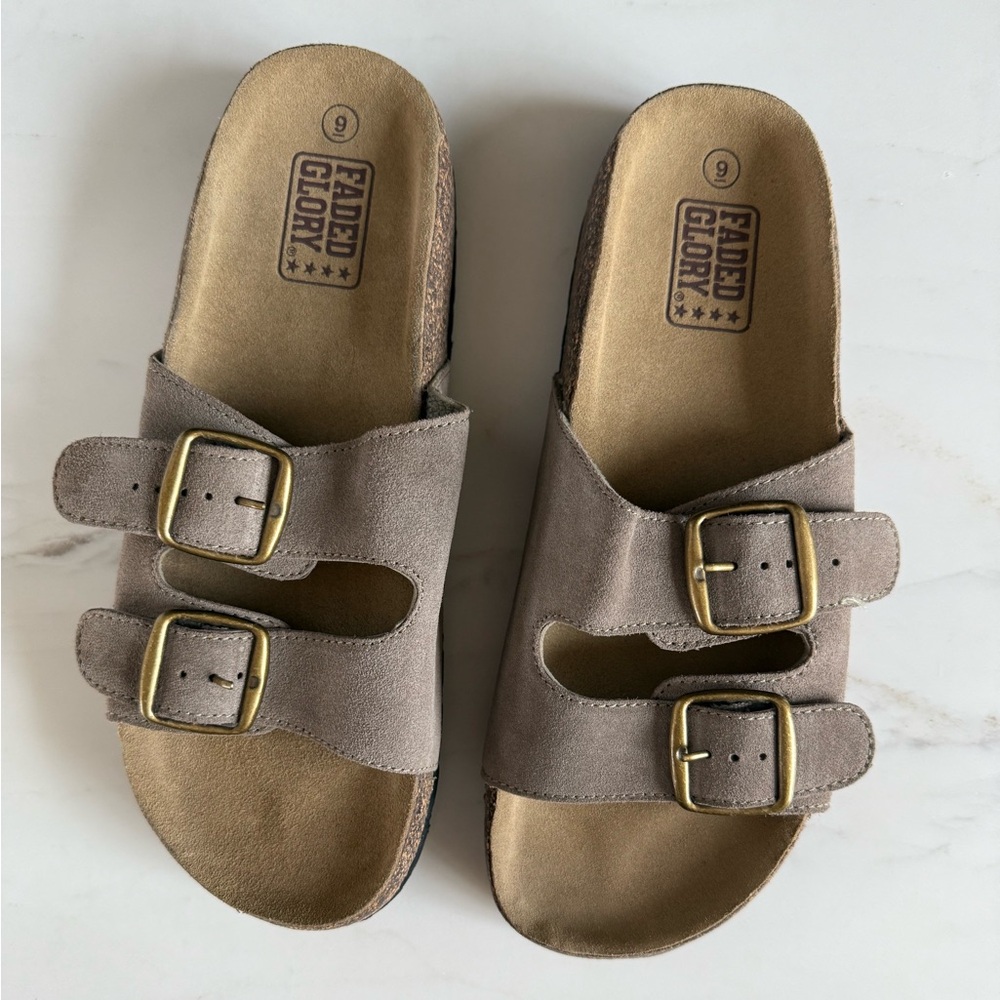 New Faded glory Men’s slippers sandals leather Cork footbed Gold Buckles Size 9 - Picture 8 of 11
